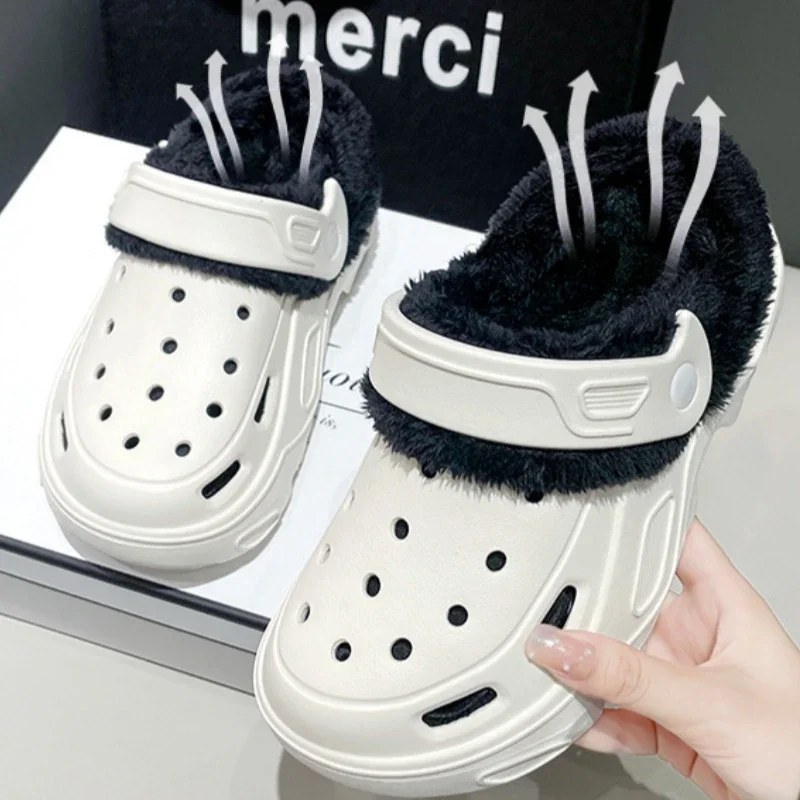 Women's Plush Slippers 2024 New Winter Women's Hole Shoes Thick High Heel Soft Sole Beach Garden Shoes Home Plush Hole Slippers 3