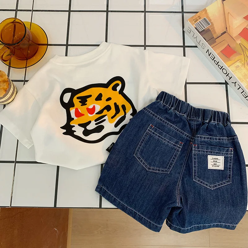 

Children's Summer Set Cartoon Tiger T-shirt + Elastic Waist Denim Shorts Boys Girls Casual Short Sleeve Loose Soft Sport Suits
