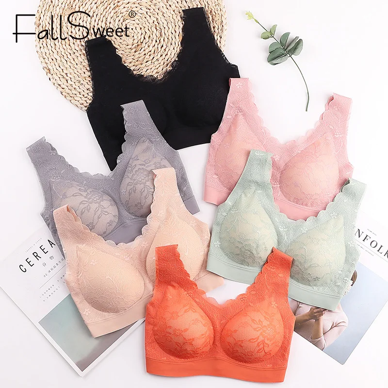 

Fallwseet Latex Wireless Bra Lace Underwear Breathable Lingeries Women Seamless Sports Yoga Bras Summer Lace Tanks Tops