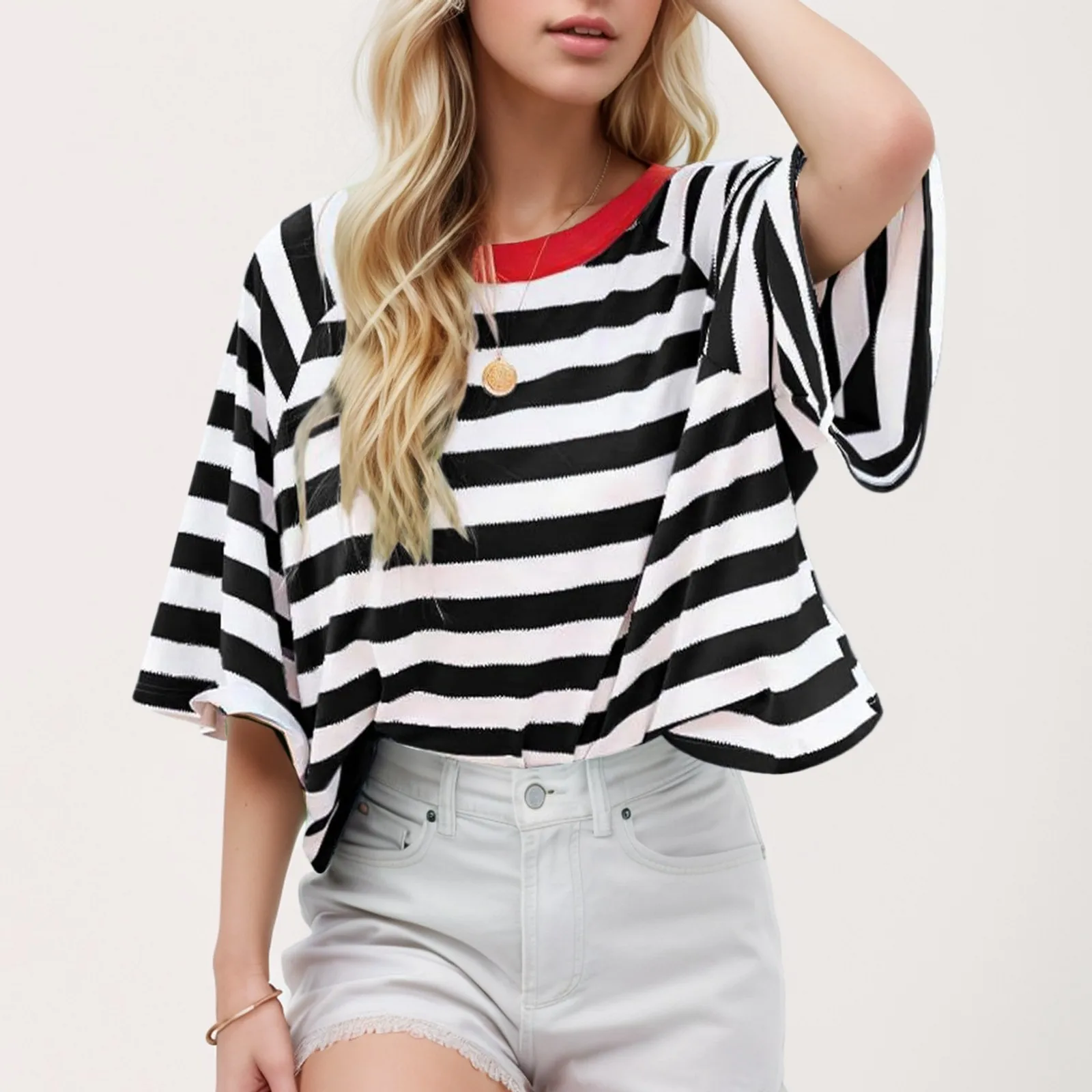 

New 2024 Women Vintage Striped Printed Cotton T Shirt Round Neck Short Sleeve Oversized T Shirts Female Basic Summer Top Tee