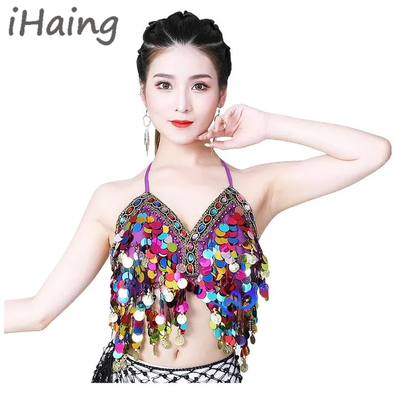 

Women Shiny Belly Dance Padded Bra Costume Adult Halter Push Up Outfits Club Party Festival Rave Sexy Performance Crop Tops