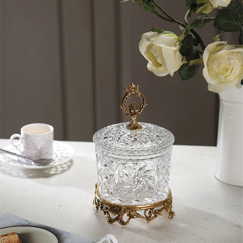 Brass Candy Jar French Crystal Transparent Glass Storage Box Hand-carved Exquisite Sugar Jar Livingroom Home Decor Ornaments 3