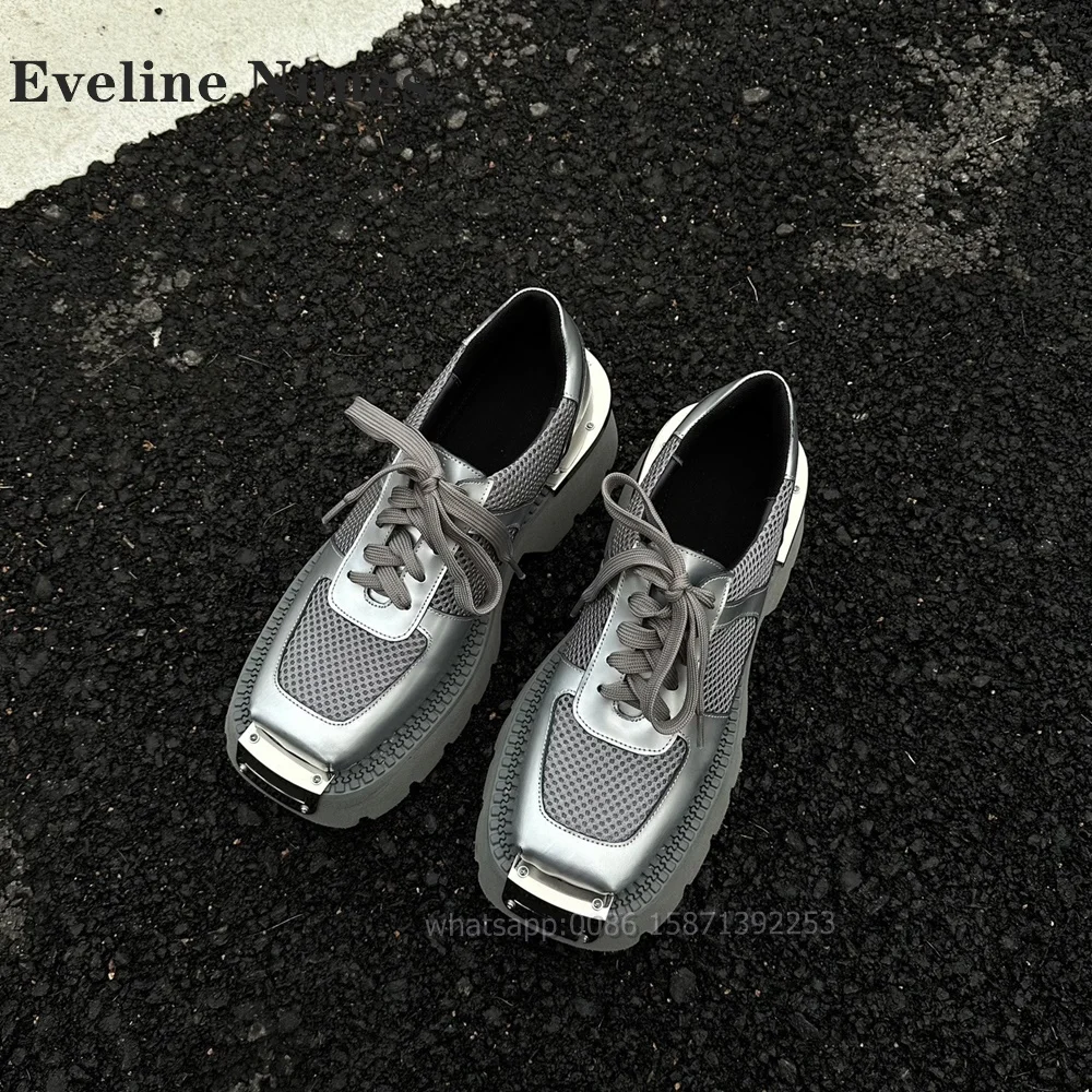 

Mesh Lace Up Patchwork Pumps Square Toe Tank Soled Metal Decoration Silvery Chunky Sneakers Punk Retro Casual Shoes 2024 Trend