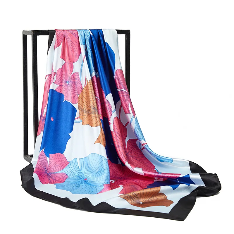Women Ethnic Leaf Printed Silk Scarf Big Square Foulard Hijab Red Flower Pattern Scarf 90*90CM 9106M