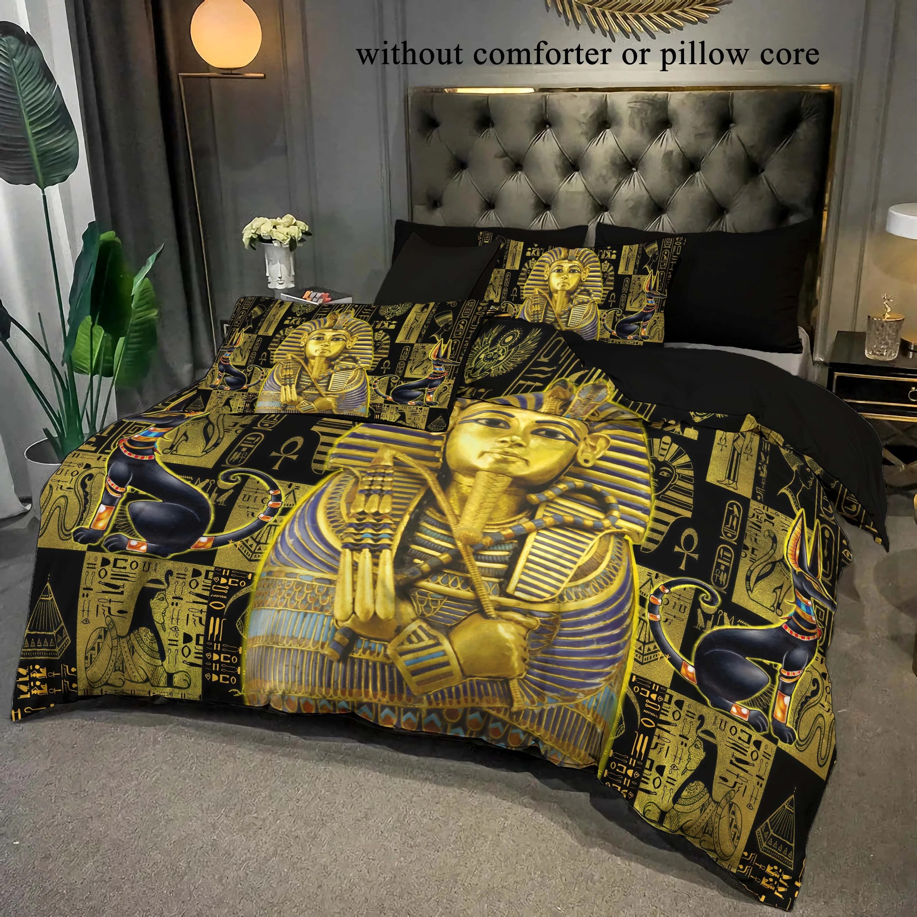 2/3Pcs 3D Retro Egyptian Duvet Cover Set, Black Golden Pharaoh Anubis Print Bedding with Pillowcases for Bedroom Guest