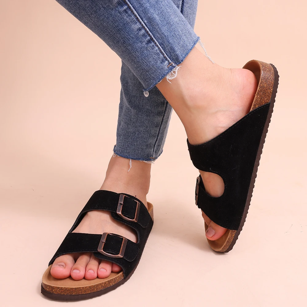 Comwarm Cork Footbed Sandals Women Summer Fashion Suede Flats Sandals With Arch Support Couple Open Toe Beach Slides Adjustable