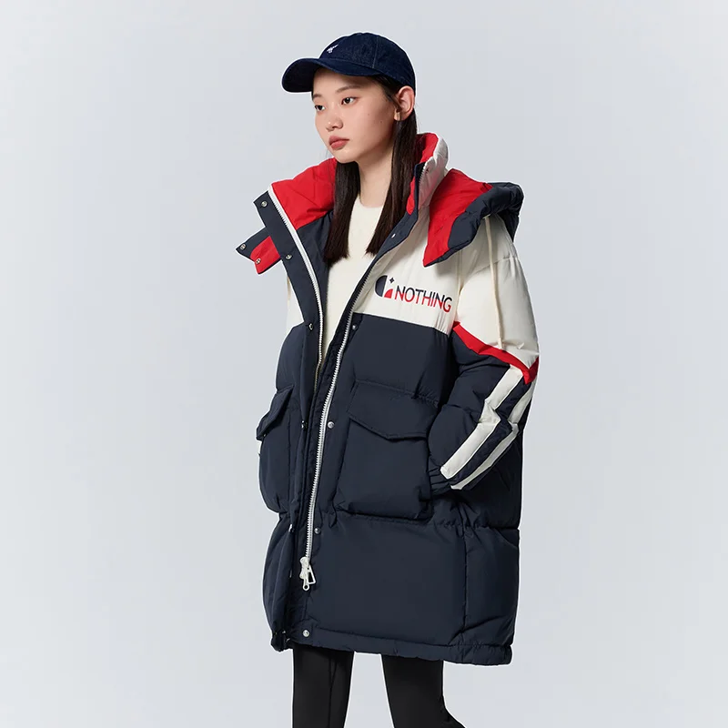 Semir Down Jacket Women Long Color Block Letters Winter Fashion Hooded Loose Warm Thick Coat
