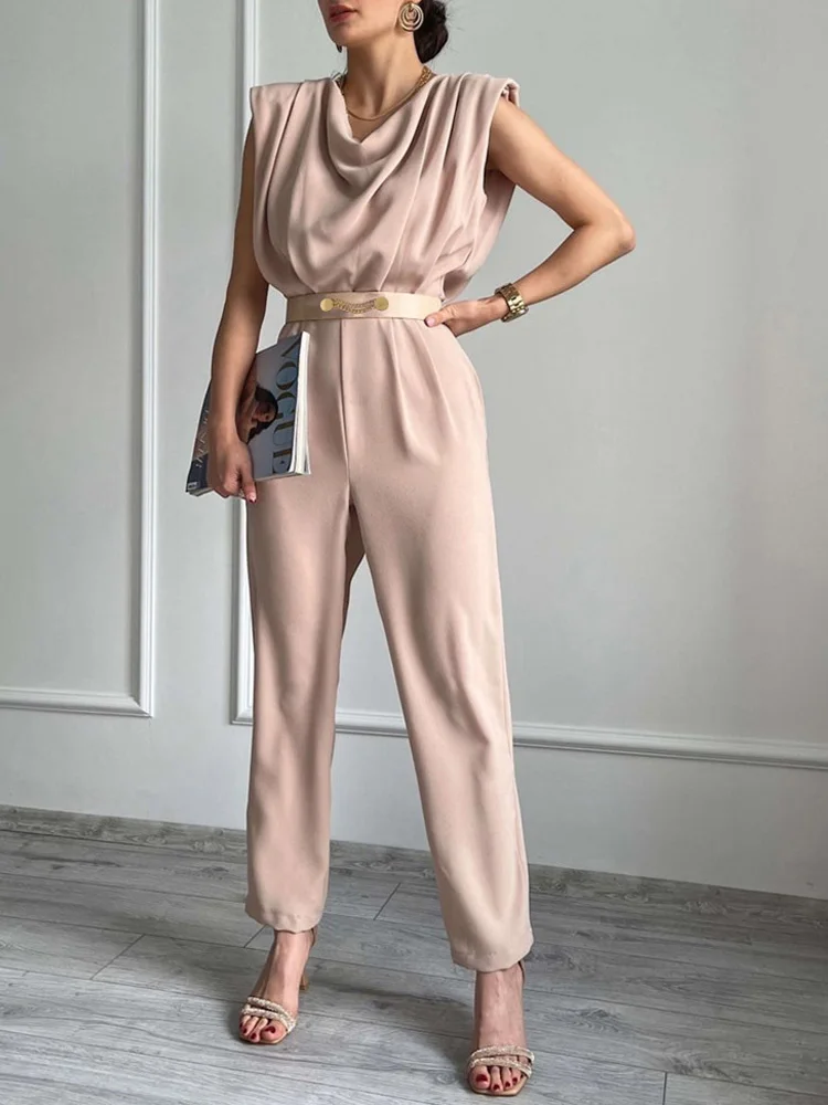 

Women's Overalls solid Sleeveless Pleated Jumpsuit fashion Style Quality Fabric Sleeveless Baggy Trousers Casual Jumpsuit