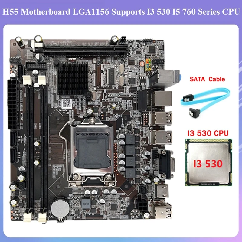

H55 Motherboard LGA1156 Supports I3 530 I5 760 Series CPU DDR3 Memory Desktop Computer Motherboard+I3 530 CPU+SATA Cable