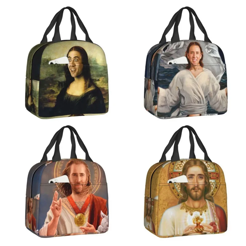 

Nicolas Cage Mona Lisa Thermal Insulated Lunch Bag Women Funny Lunch Container for Outdoor Camping Travel Food Box