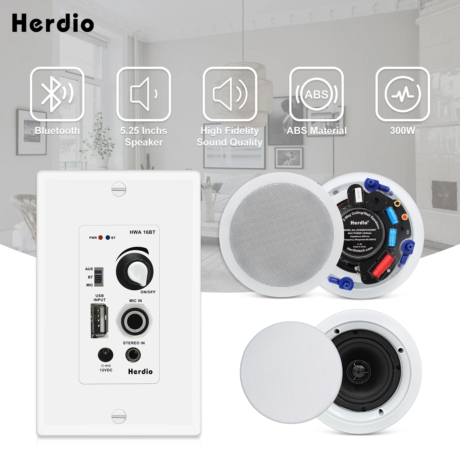 Herdio In Wall Audio Control Amplifier Receiver Bluetooth Ceiling