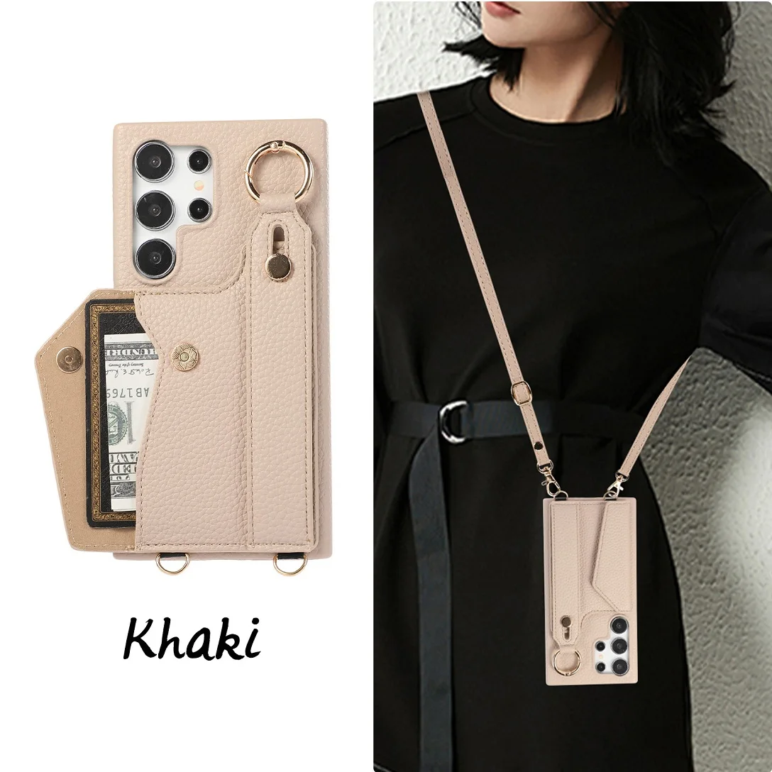 Luxury Shoulder Leather Wallet Case with Card Slot and Hand Strap - Purse Phone Cover