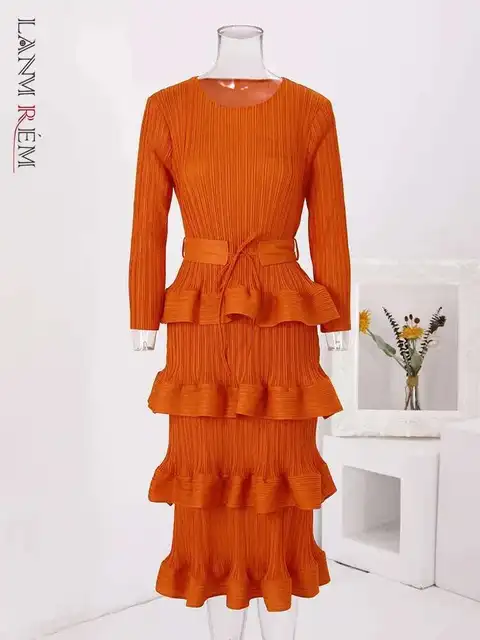 LANMREM Ruffles Pleated Party Dress Women Long Sleeves Belt Gathered Waist Slim Solid Dresses Elegant 2024 Spring New 2R6863