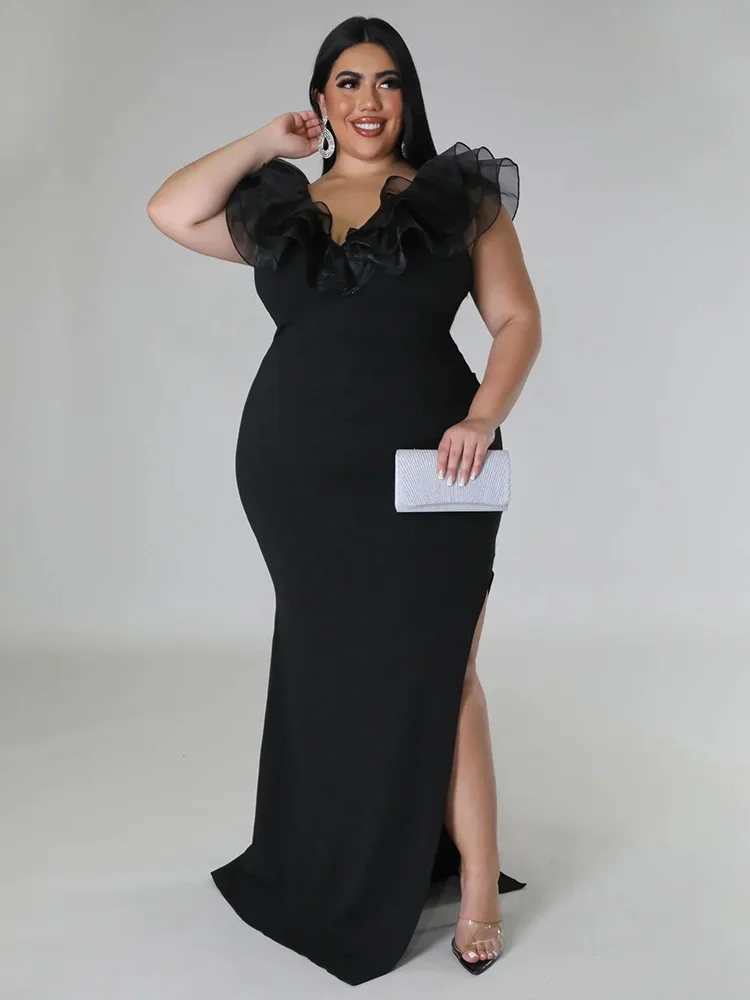 Wmstar Plus Size Party Dresses Women Sexy Petal Collar Elegant Slip Hem Solid Maxi Dress Summer Clothes Wholesale Dropshipping