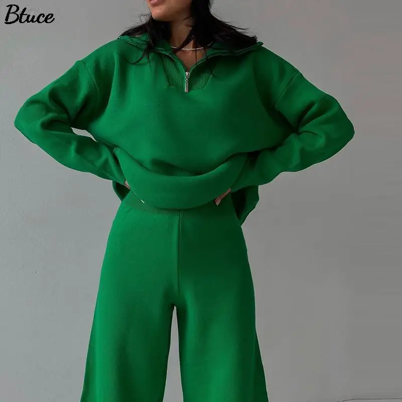 Women's Zip Knitted Trousers Suit Fashion Polo Neck Two Piece Set 2021 Women Outfits Female Casual Long Sleeve Suits |