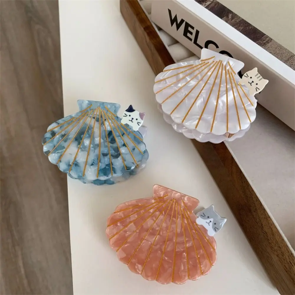 Cartoon Acetate Shell Hair Claw Elegant Mid Size Geometric Ocean Hair Clips Ponytail Holder Fan Shape Cat Shark Clip Wash Face ocean beach shower curtains set sea wave summer scenery blue sky landscapes shell starfish bathroom decor polyester bath curtain