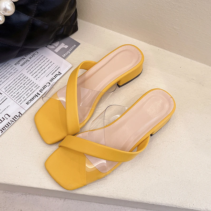 

Summer New Women's Large Size Simple Style Square Head Open Toe Solid Color Transparent Cross Band Square Heel Sandals Women
