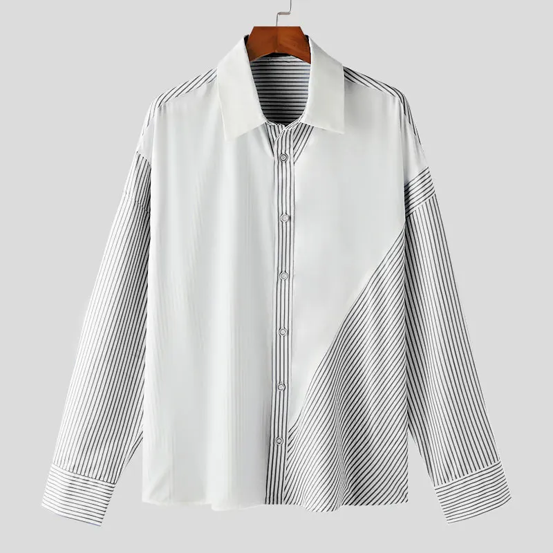 thumbnail image 1 of INCERUN Tops 2024 estilo coreano nuevo diseño de rayas irregulares para hombres blusa casual simple todo fósforo camisa de solapa de manga larga S-5XL, 1 of 5