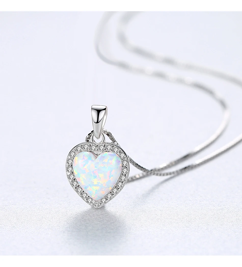 100% Sterling Silver Heart Opal Pendant Necklace for Women Charming Silver Chain Christmas Girls_voghion.com