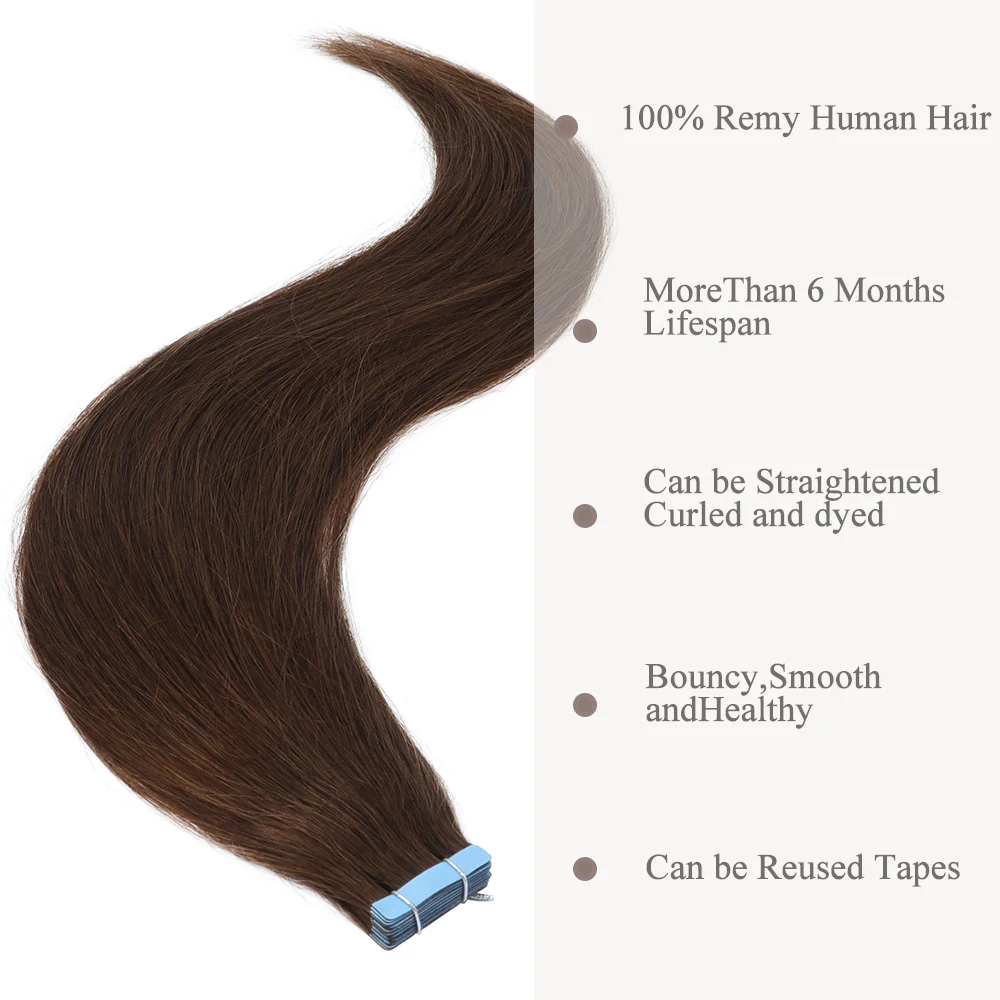 MRSHAIR Seamless Tape in Extensions Human Hair Natural Tape in Hair Extensions Skin Weft PU Tape On Hair 20 PCS 12"-20" 50G/Pack 2
