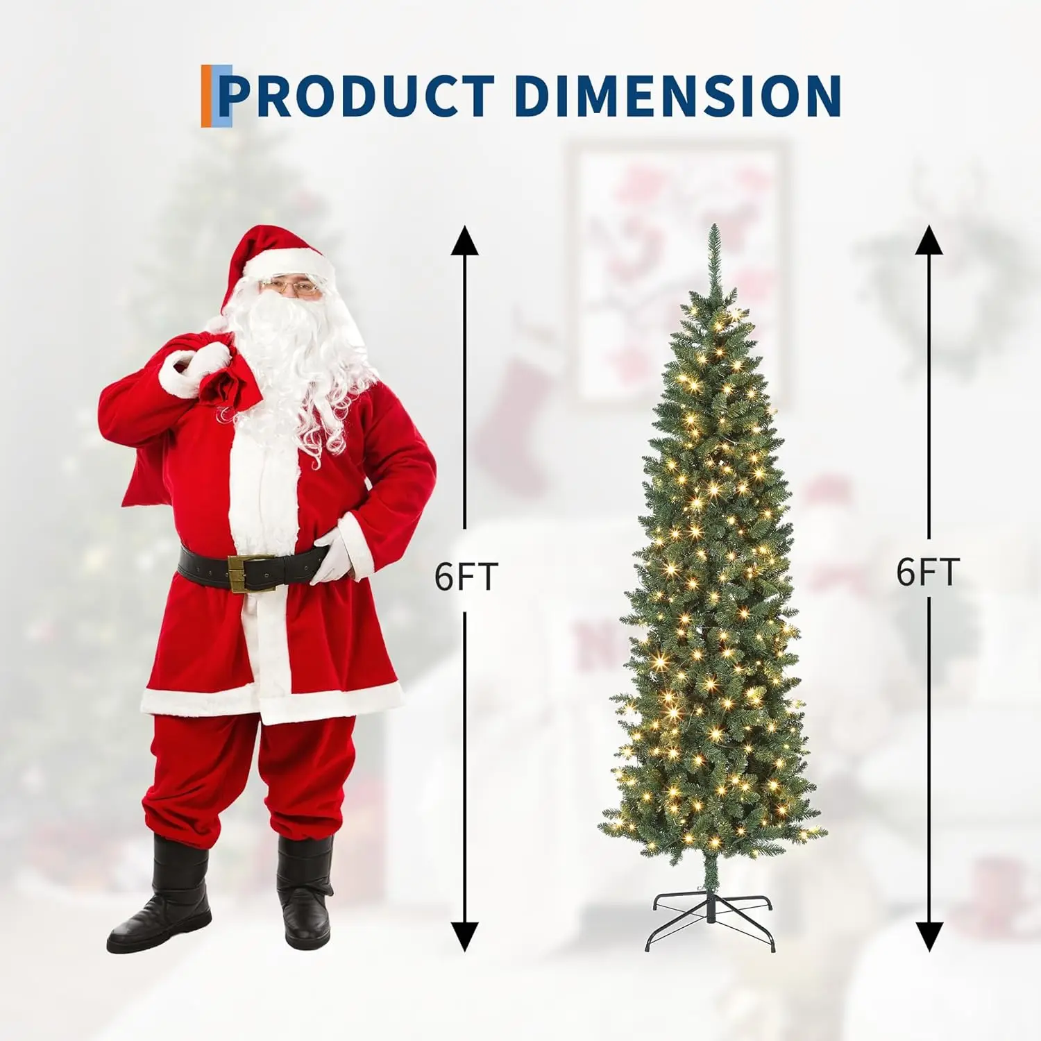 6/7.5/9/12FT Pre-Lit Pencil Slim Artificial Christmas Tree with LED Lights – Realistic Xmas Tree for Indoor & Outdoor Decor
