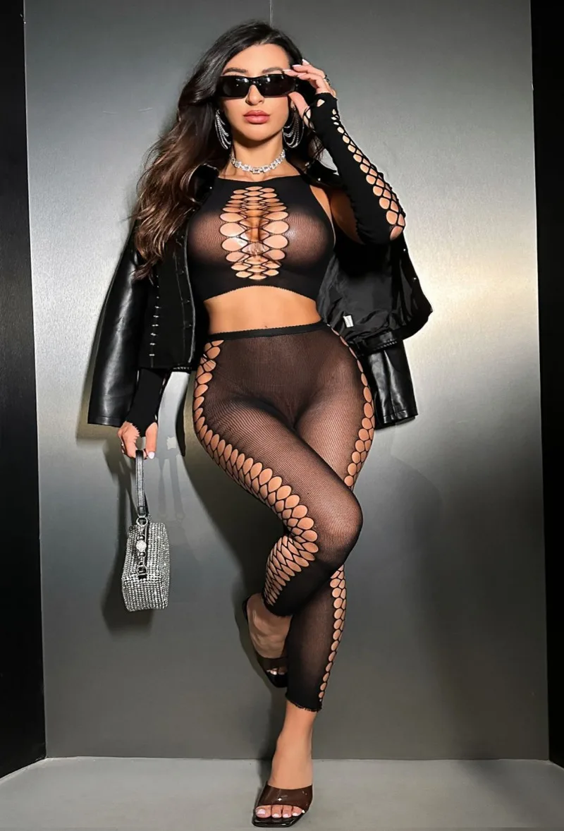 Sexy solid color Plain hollow out jumpsuit hollow out Open chest sexy curves nightclub party fine clothes bodysuit jumpsuits
