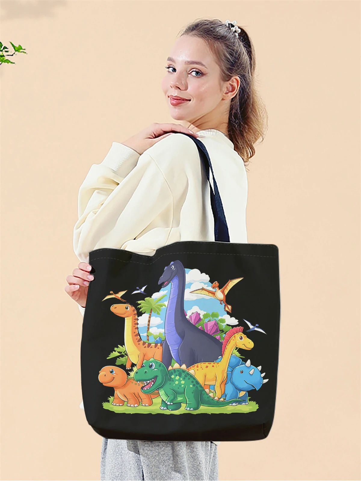 1pc,dinosaur family handbag, reusable fashionable handbag, multifunctional handbag, printed canvas shopping bag