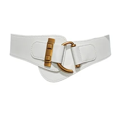 Gold Buckle Adjustable Leather Waist Belt for Women - Elegant and Soft Fashion Accessory (White)