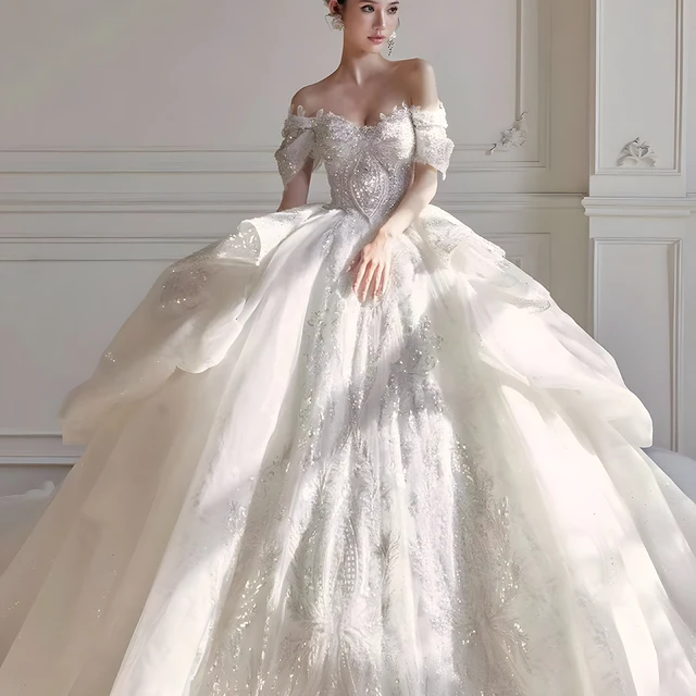 Jancember Stylish Romantic Wedding Gown For Bride 2024 Sweetheart Cap sleeve Zipper Beading Ruched Robe De Mariée LSHT023 3
