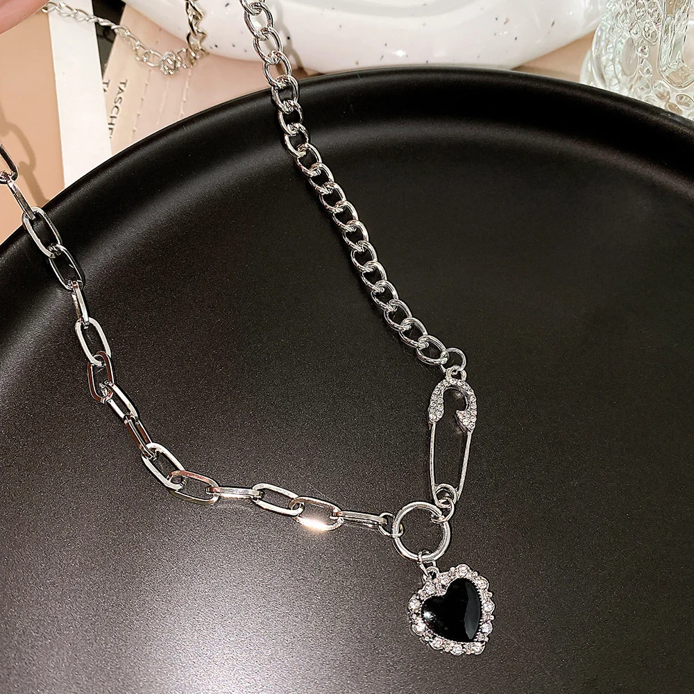 Punk Black Heart Pendant Necklace For Women Brooch Crystal