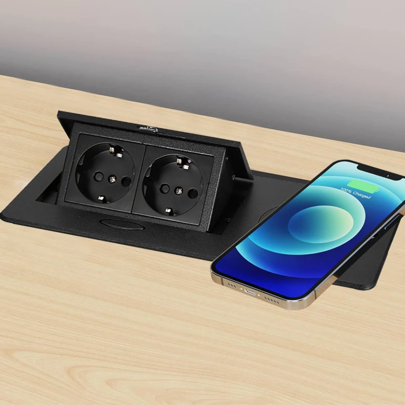 เต้ารับ EU/BR/Israel ซ็อกเก็ตแบบมีช่องเสียบ USB ชาร์จไร้สาย C เต้ารับแบบป็อปอัพสำหรับตั้งโต๊ะอลูมิเนียมครอบเต้ารับแบบซ่อน 1