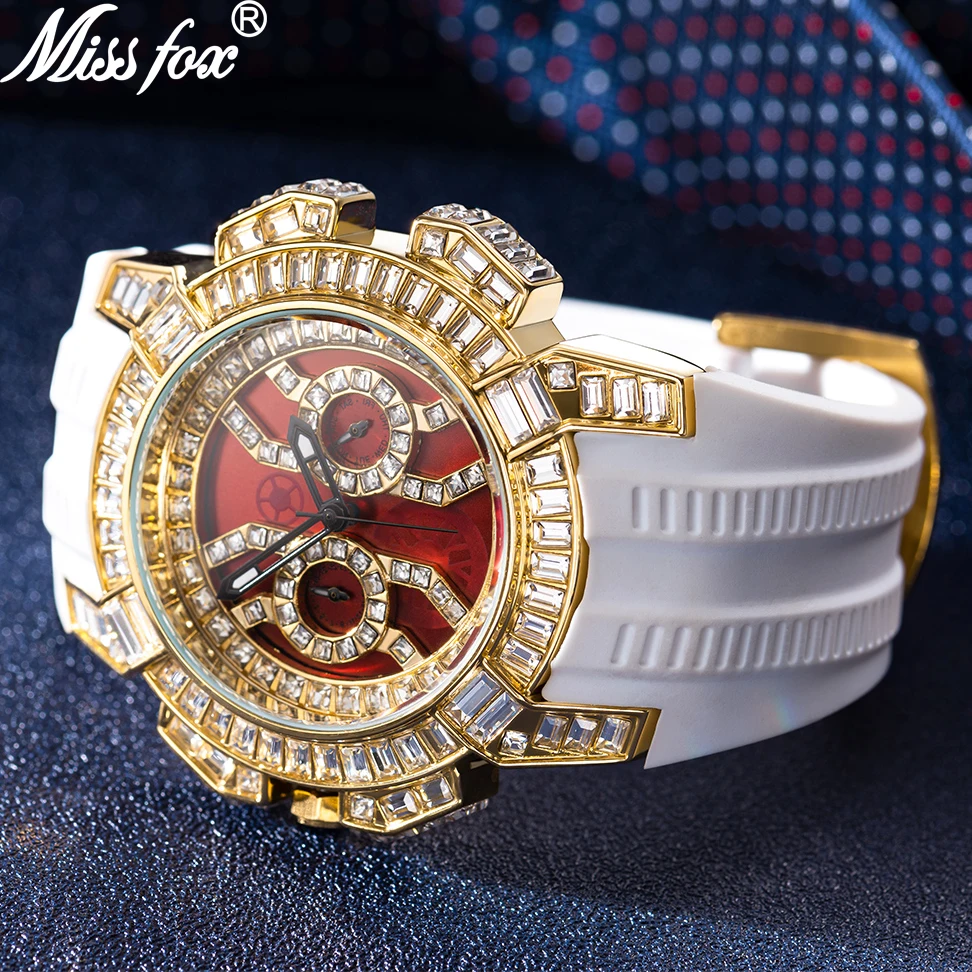 MISSFOX New Red Quartz Watch For Men Luxury Hip Hop Streetwear Clock Waterproof Diamond Watches AAA Quartz Men's Wristwatches