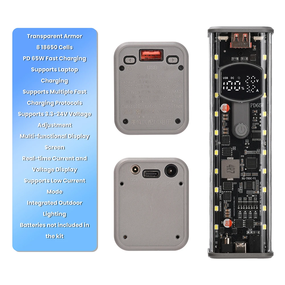 PD65W Akku-Aufbewahrungsbox Superschnelles Laden 8 Zellen 18650 DIY Powerbank-Gehäuse-Set Digitale Anzeige Batteriehalter USB+Typ-C – Detail 17
