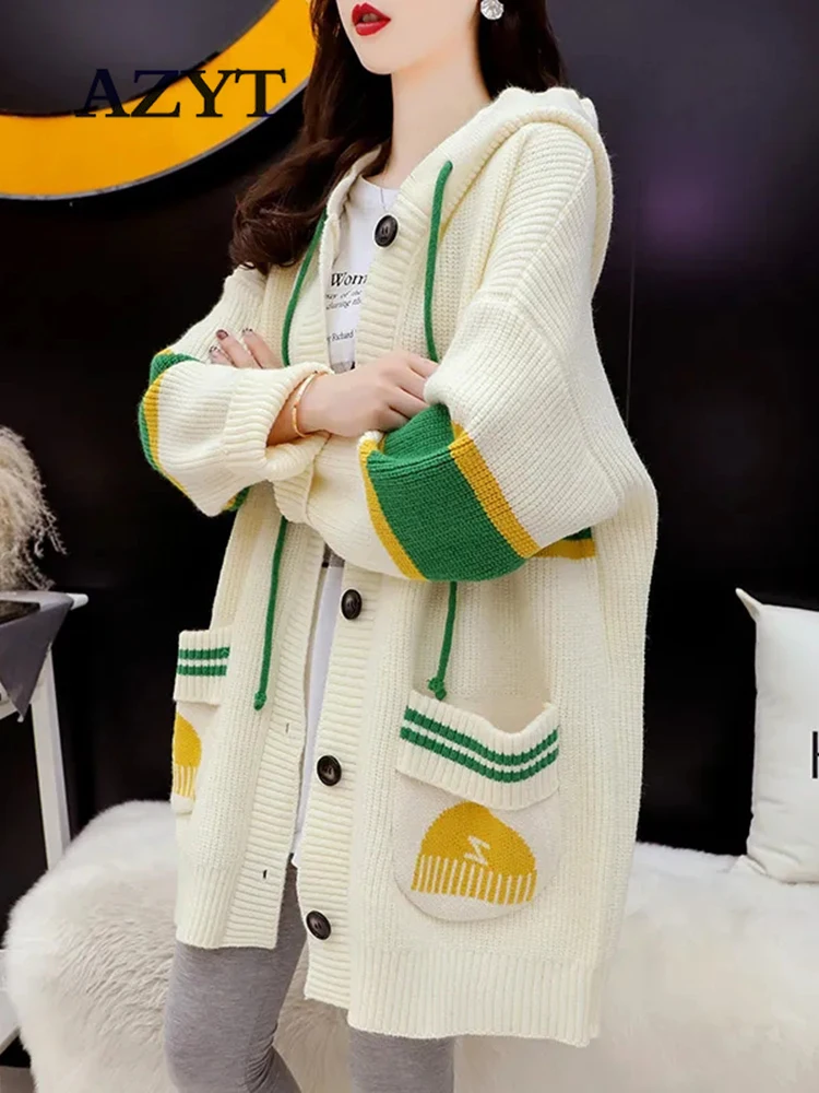 

AZYT High Quality Hooded Knit Cardigan Female Jacket 2022 Autumn Winter Panelled Knitwear Pull Femme Top Casual Sweater Coat