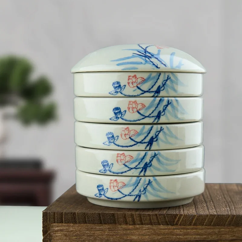 Ceramic Pallets Watercolor Paint Palette Five Layers Cover Practical Art Oil Painting Tray Pigment Disc Colour Mixing Tray