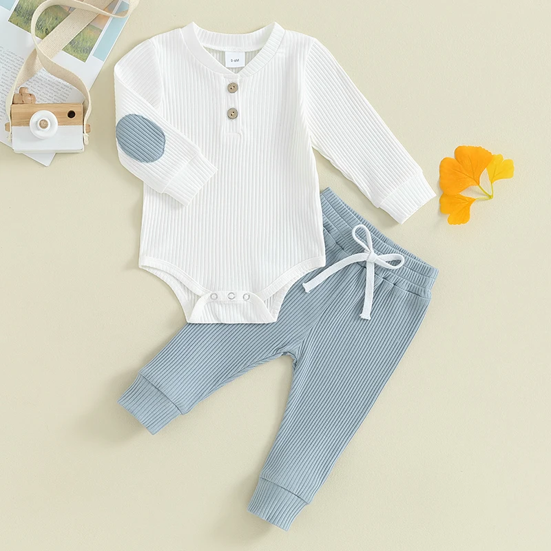 

Suefunskry Baby Boys Girls Romper Pants 2Pcs Set, Long Sleeve V-Neck Contrast Color Ribbed Romper with Pants Spring Fall Outfit