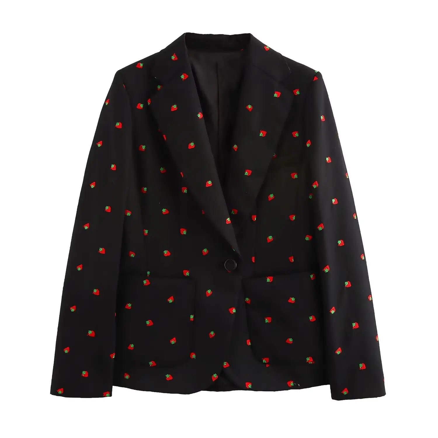 thumbnail image 1 of HH TRAF 2024 Otoño Mujer Fruta Bordado Hebilla Única Decorar Manga Larga Abrigo Mujer Solapa Bolsillo Casual Blazers Top, 1 of 4
