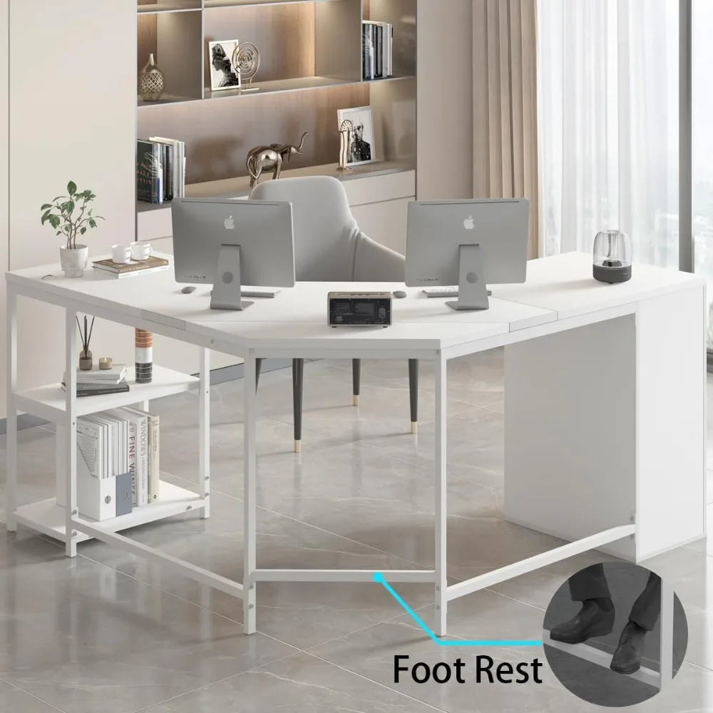 White L Shaped Corner Desk with Drawers, Reversible Modern L-Shaped Computer Desk with Storage Cabinet Shelves, Large Wood L 4