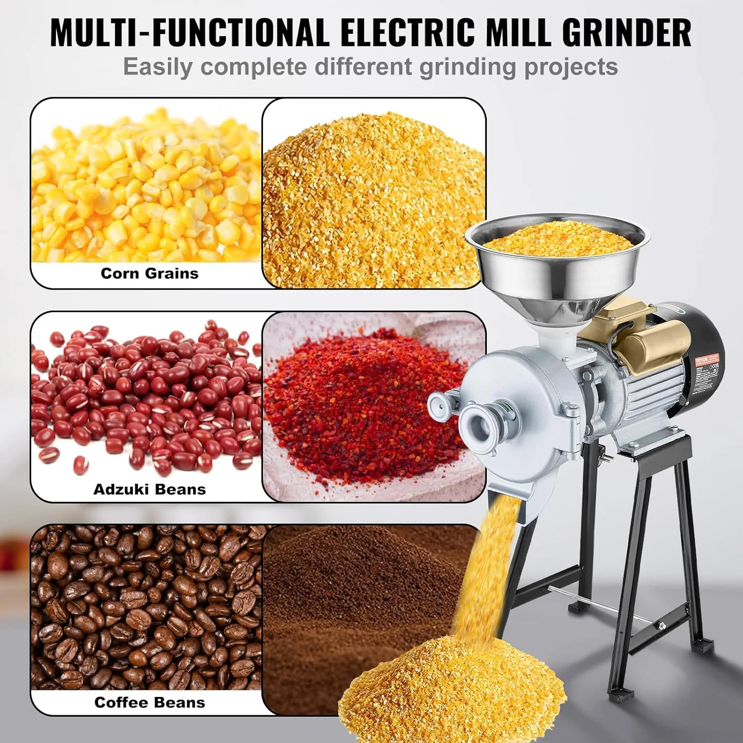 Electric Grain Mill Grinder, 3000W Spice Grinders, Commercial Corn Mill with Funnel, Thickness Adjustable Powder Machine