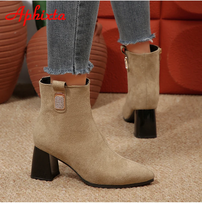 Aphixta 7cm Square Heels Ankle Boots High Quality Suede Pointed Toe Woman Shoes Crystals Zipper Modern Boot Ladies Footwear