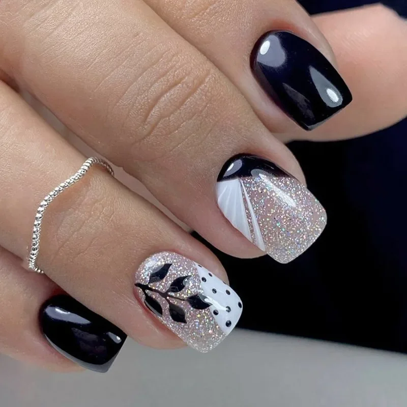 24pcs Short Square Glitter Flower Wave French Fake Nails Manicure Full Cover Detachable Nail Tips Press on fake nails,false nails,french nails,nail tips,false nail tips