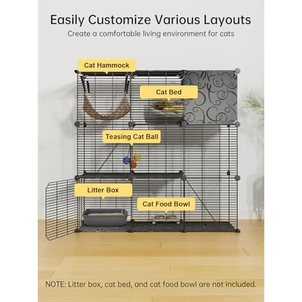Cat Playpen with Hammock and Toy Ball 3-Tier Indoor Cat Cage 2-3 Cats Easy Assembly Metal Enclosure