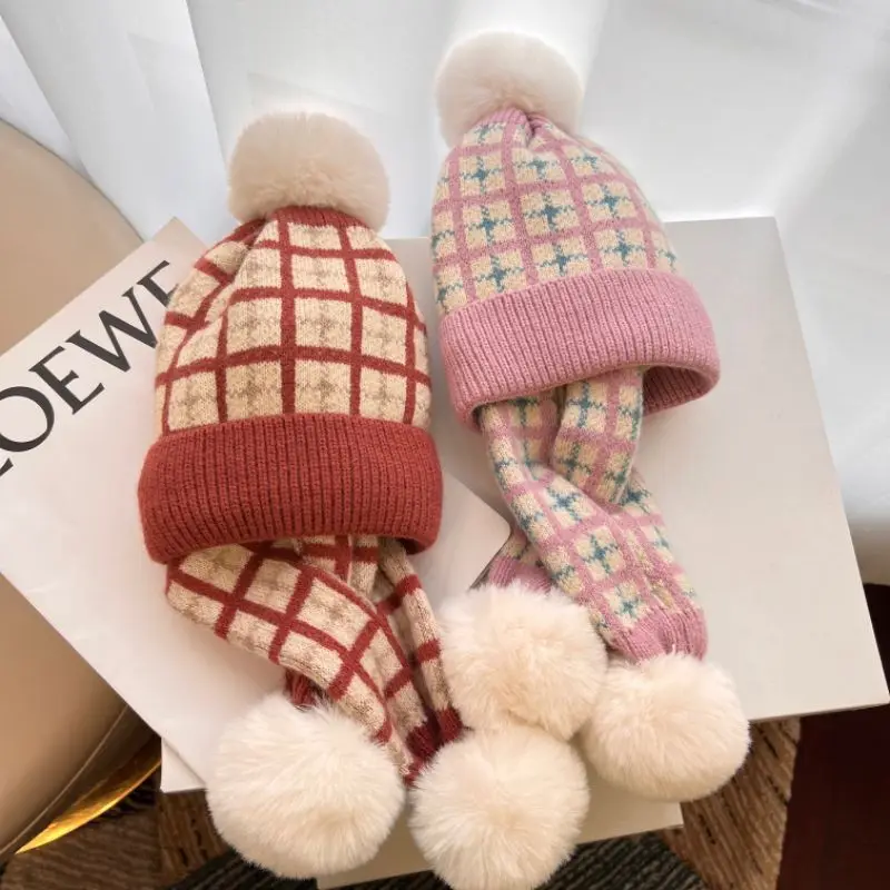 Winter Warm Plaid Pompom Baby Hat and Scarf Sets Kids Thick Soft Knitted Neckerchief Accessories Children Beanie Boys and Girls