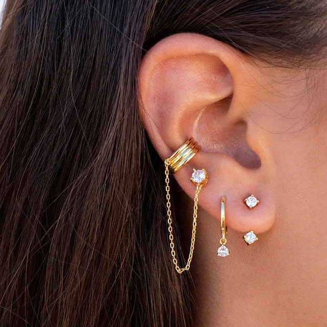 Boucles d'oreilles tendance en acier inoxydable pour femmes, 1 pièce, chaîne à Double perçage, fleur coréenne, Zircon, clous de perçage, bijoux à la mode