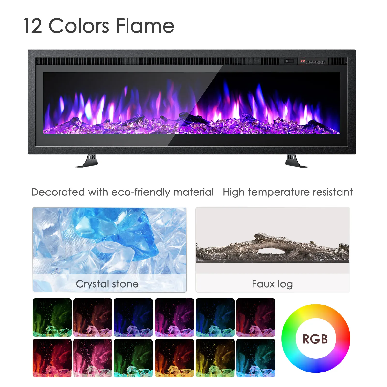 Electric Fireplace Heater Wall Mounted Recessed Fireplace 1500W 8H Timer 12 Color Flame Remote Control 50-60dB Low Noise EU Plug