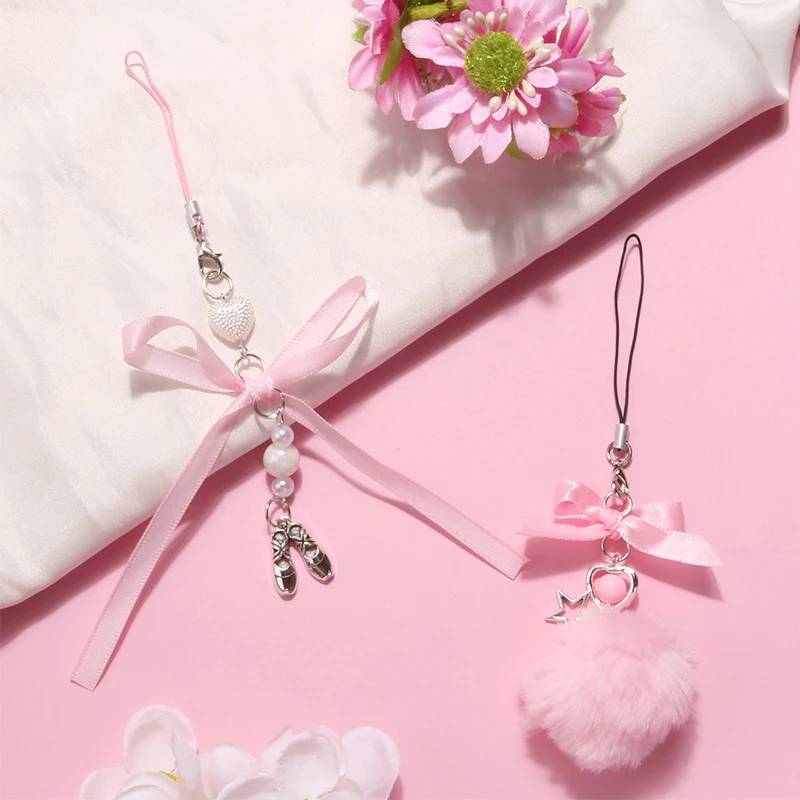 

1PCS Pink Ball Woven Ribbon Bow Keychain Pendant For Bags Backpacks Delicate Ribbons Bowknot Keyring