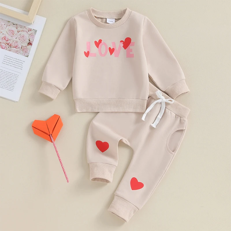 2023-10-16 Lioraitiin Toddler Baby Girls Outfit Valentine's Day Heart Print Long Sleeve Sweatshirt and Elastic Pants Set Clothes