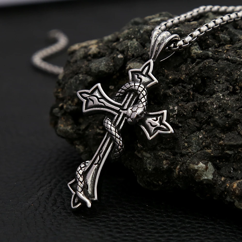 Fashion Vintage Creative Snake Cross Necklace for Men Women Gothic