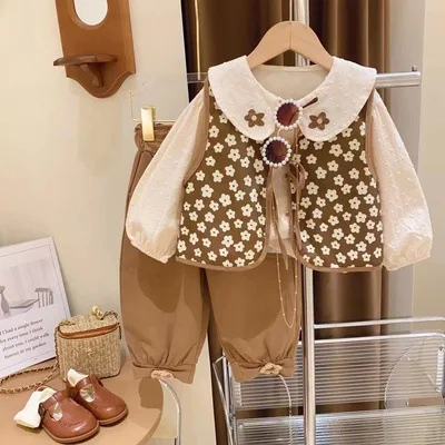 

3 шт., хлопковая рубашка с длинным рукавом и штаны для девочек