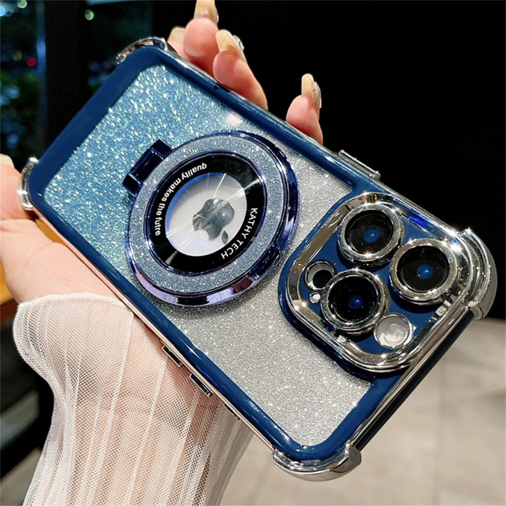 Luxury Glitter Ring Stand Magnetic Plating Clear Phone Case - Shiny Bling Silicone Cover